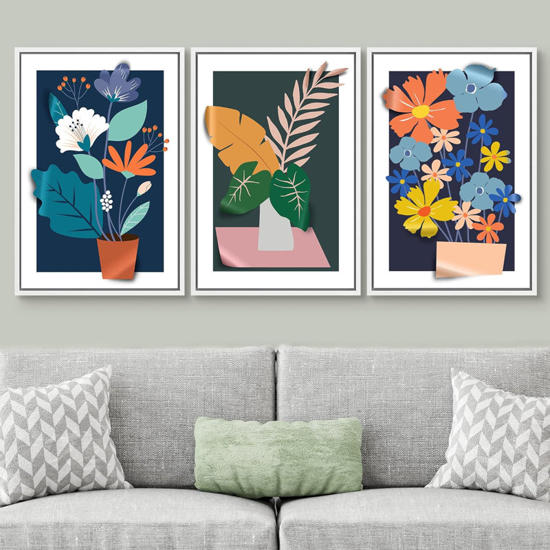 «Vibrant Jungle Garden Flower Plants Colorful Illustration Modern Art Decor Nordic Rustic» 3 pièces, Blanc