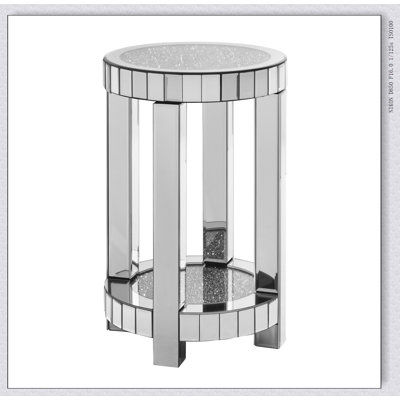 Mirror round table with crystal inlay, 2-layer modern small sofa table with storage space, silver decorative table suitable for living room, bedroom, coffee and small spaces