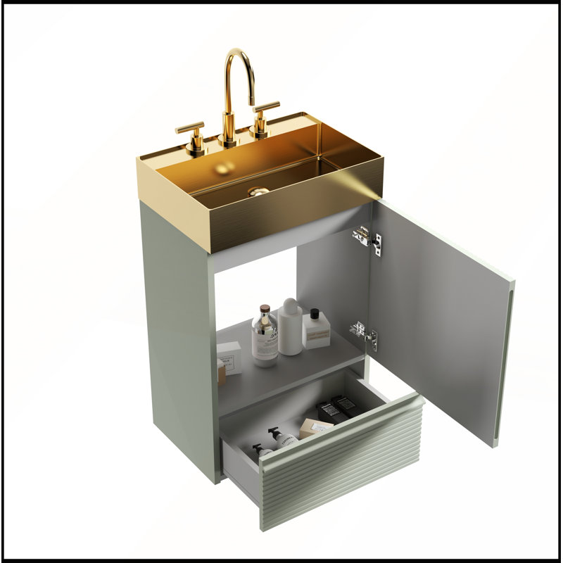 Meuble-lavabo rayé vert clair Gada avec lavabo vasque intégré en métal brossé de 20 po pour salle de bain moderne Gada