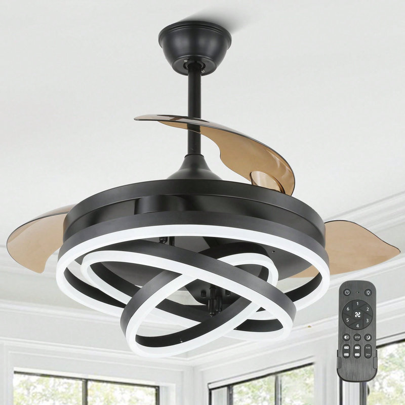 42" Modern Retractable Ceiling Fan With Dimmable LED Light, DIY Shape 6 Speeds Chandelier Ceiling Fan With Remote Control For Bedroom