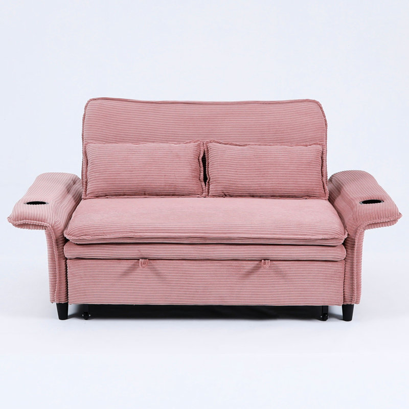 Lit de 65,17 pouces de couleur rose avec tissu à rayures, accoudoirs réglables et pour la détente, lit escamotable temporaire pour la nuit, lit multifonctionnel à 2 places, visionnage de films, placement de main courante