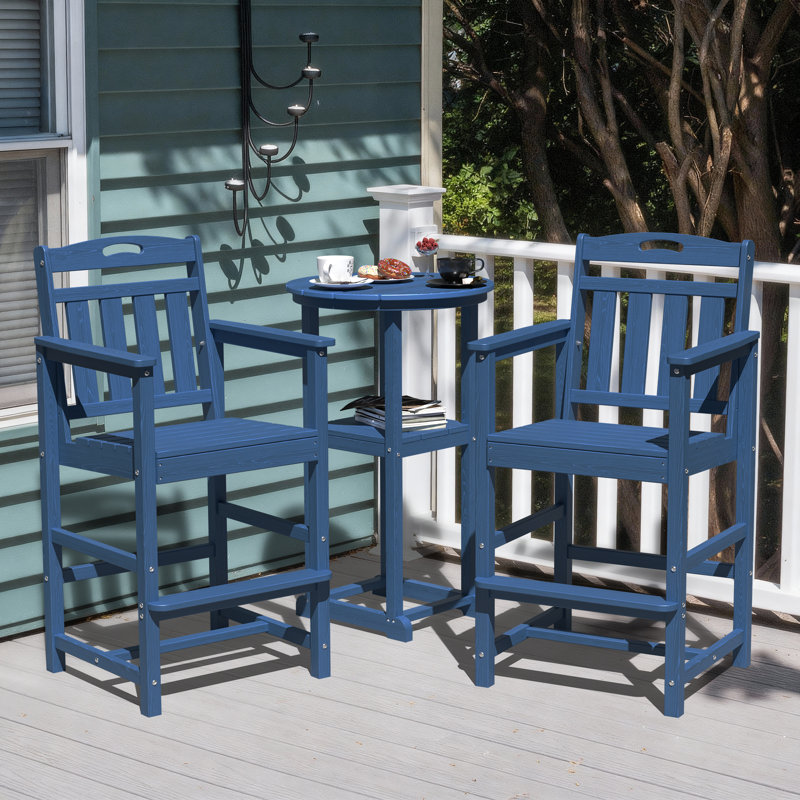 Outdoor HDPE 3-Pieces Patio Bar Sets with Bar Table and Chairs, Navy