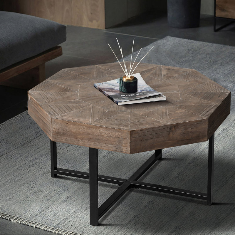 Table basse en bois octogonale rétro avec patchwork de 30 pouces en bois, Brun antique