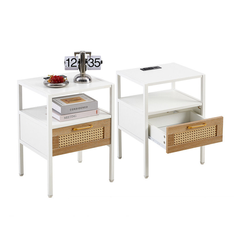 Set of 2 White and Rattan End Tables with USB Ports and Metal Legs