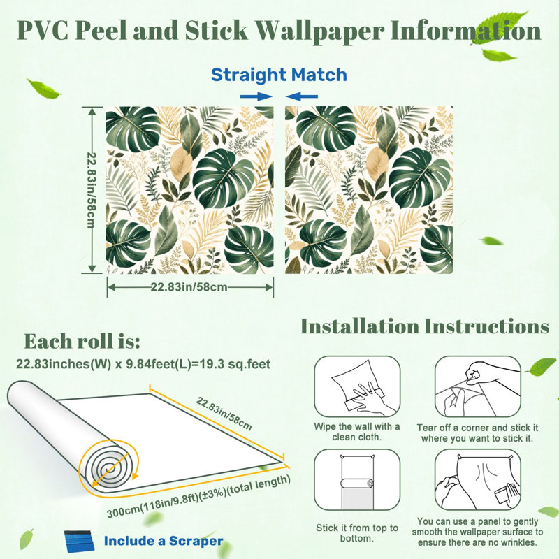 Papier peint adhésif à motif de feuilles tropicales, vert doré et vert émeraude, amovible et autocollant, pour chambre, cuisine et placards, 61 cm x 300 cm.