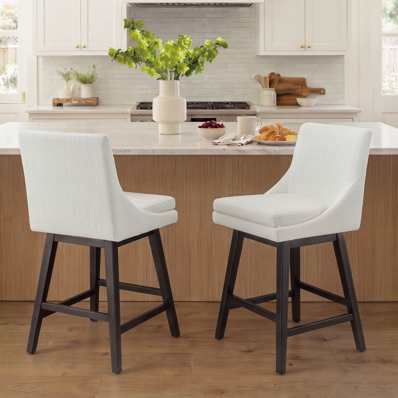 Zahara " Bar Stool, White Polyester/Brown, Counter Stool (26” Seat Height)