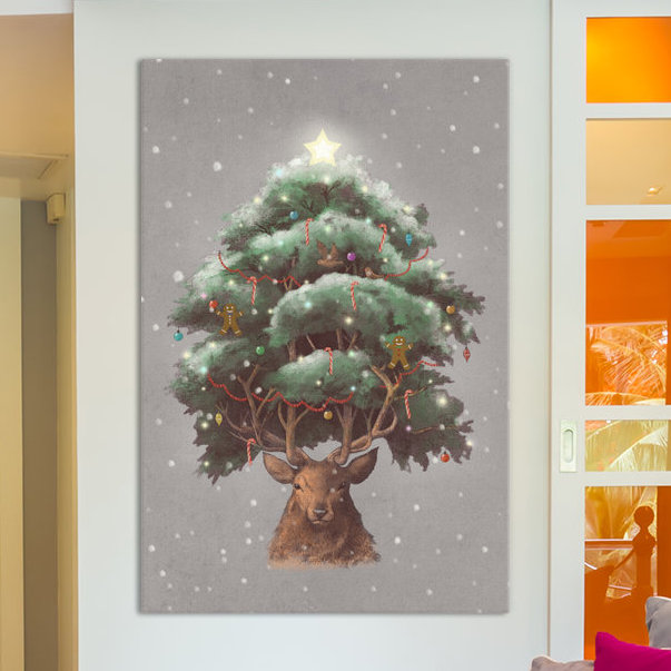 «Reindeer Tree», art sur toile, H 12 po x l 12 po x P 0,75 po, Pas de tapis, Toile tendue