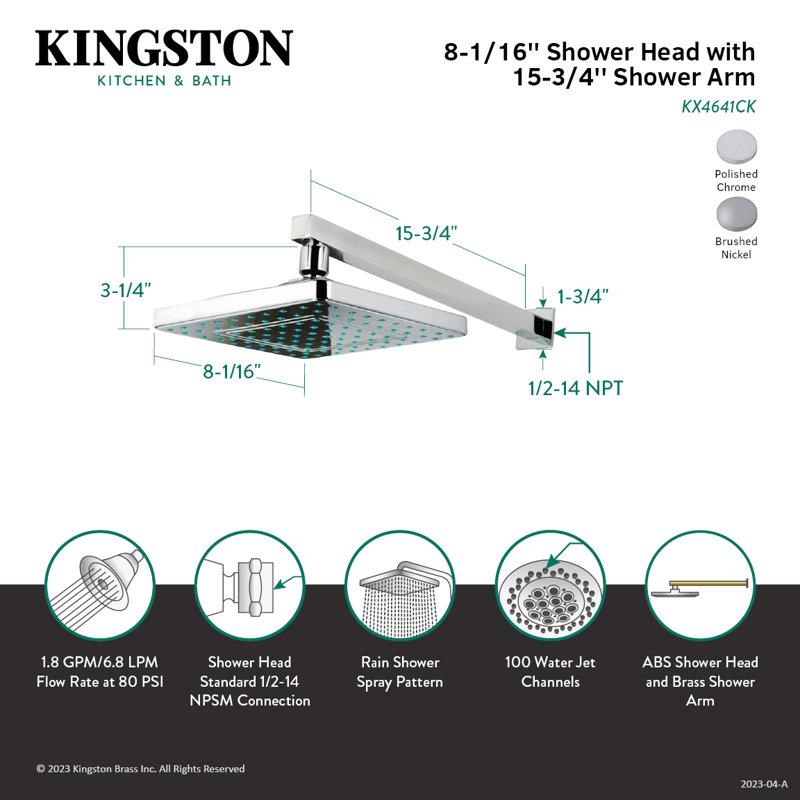 Kingston Brass Shower Scape 8-Inch Square Raindrop ABS Shower Head with 15-3/4-Inch Shower Arm, Brass