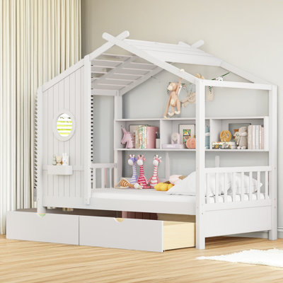 Lit en bois avec 2 tiroirs, lit pour enfant avec tablette de rangement