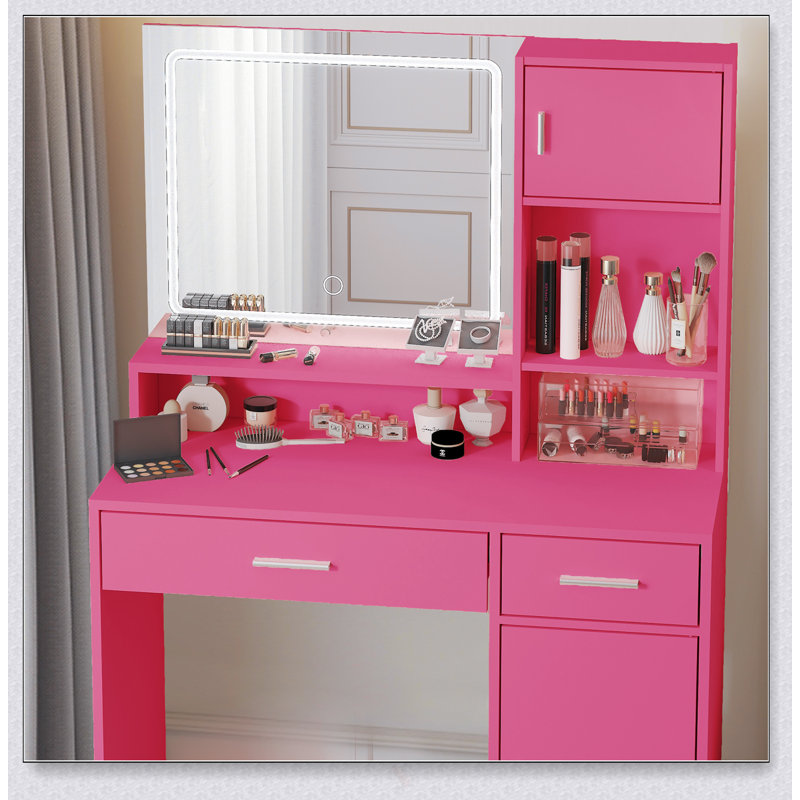 Elegant Vanity Desk With LED Light Strip, Adjustable Brightness, And Spacious Storage For Modern Bedrooms, Pink