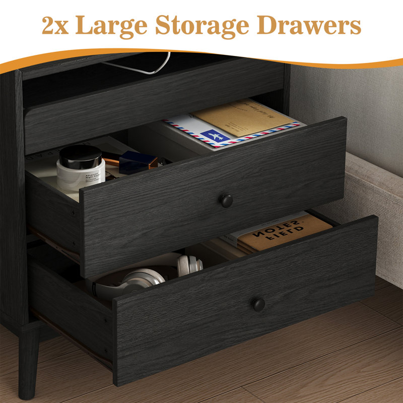 3 - Drawer Nightstand, 24“ W Wood Bedside Table With Built-In Outlets And Solid Wood Legs(Set Of 2), Set of 2, Black