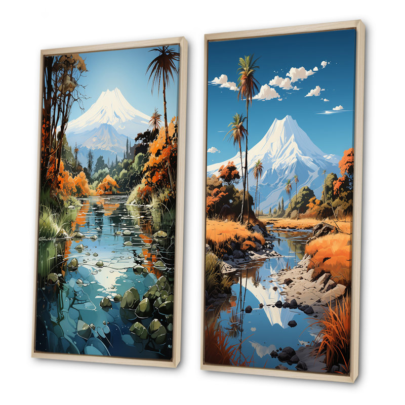 Volcano Volcanic Reflections - Ensemble de 2 reproductions d'art mural volcaniques, H 28 po x l 25 po, Cadre flottant brun