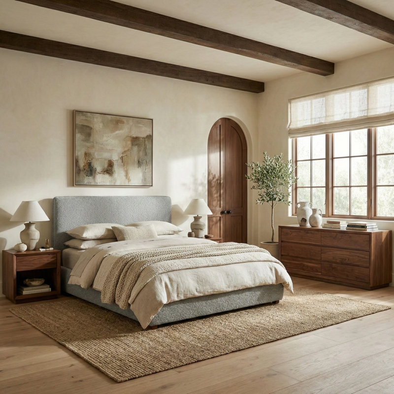 Callahan Upholstered Platform Bed, King, Light Gray Boucle