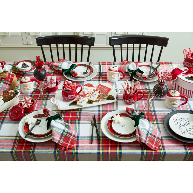 Stewart Plaid - 100% Pure Linen Christmas Dinner Napkins, White