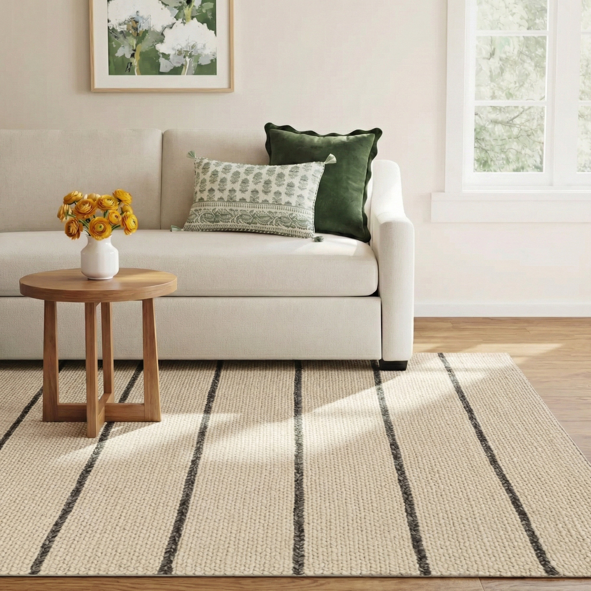 Lemington Striped Handwoven Wool Ivory/Beige Area Rug, Rectangle 8' x 10'