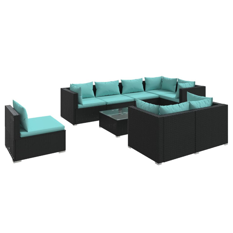 Ensemble de patio 9 pièces avec coussins Cimberly, Bleu mer, Noir