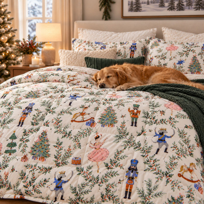 Christmas Down Alternative Comforter and Sham Set, Queen Comforter + 2 Standard Shams, Nutcracker