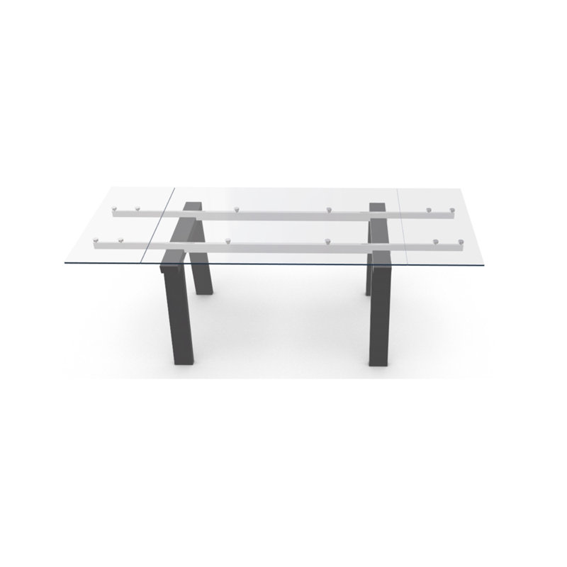 Levante Glass Extendable Table with Wooden Legs, 30"H x 55.13"L x 35.5"W, Clear/Black