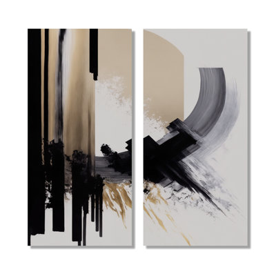 «Black, White and Gold Expression», reproduction d'art sur toile abstraite, décoration murale abstraite noire 2 pièces