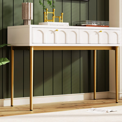 Coiffeuse moderne avec surface blanc crème et structure en métal avec 2 tiroirs pour plus de fonctionnalité