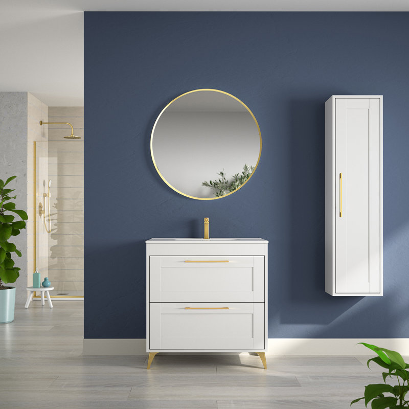 Meuble-lavabo autoportant Rose C100F blanc mat avec poignées en chrome mat, Blanc mat, 40"