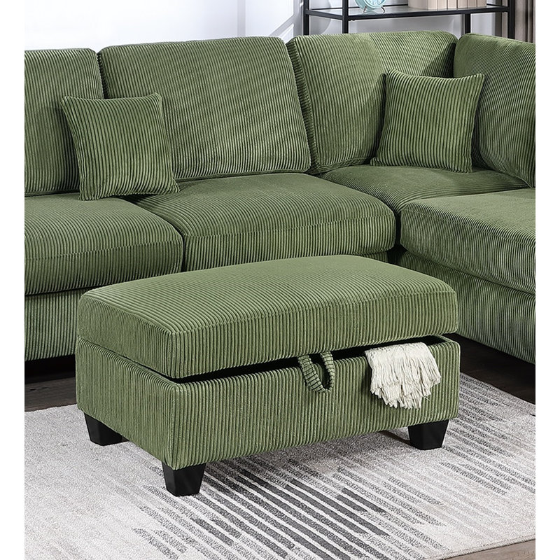 Magnifique canapé d'angle en velours côtelé couleur sauge, dimensions 269 x 193 x 89 cm, ensemble de 3 pièces comprenant un pouf amovible et un espace de rangement dissimulé.