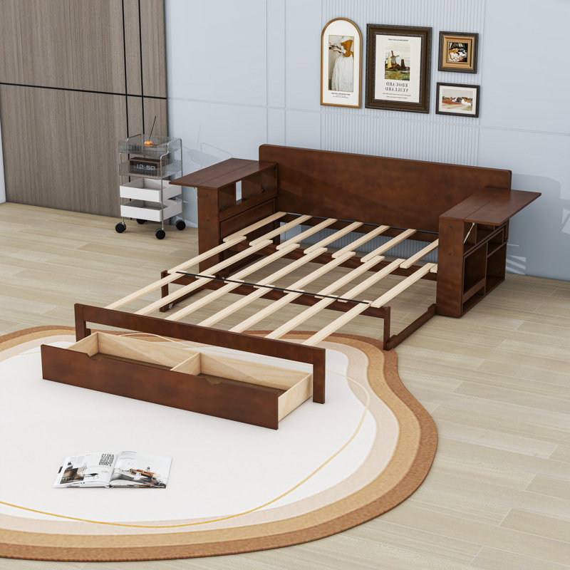 Lit de jour en bois avec bureau et tiroirs et tablettes de rangement, Lit double, Espresso
