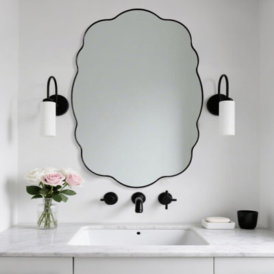 Miroir mural noir mat festonné pour salle de bain 24 x 36 pour meuble-lavabo, salon et entrée, fixation murale en acier inoxydable antirouille horizontale ou verticale