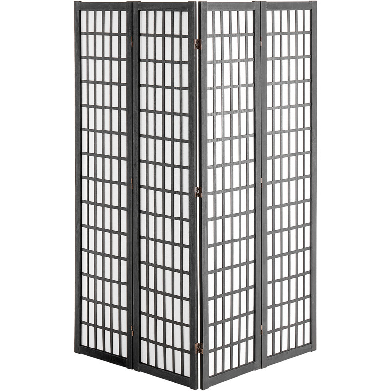 Paravent à 4 panneaux pliable en bois - Paravent japonais pour l'intérieur et la chambre à coucher, rotatif et pliable à 360 °, matériau, couleur principale noire, profondeur de l'ensemble 68,7, profondeur 17,11
