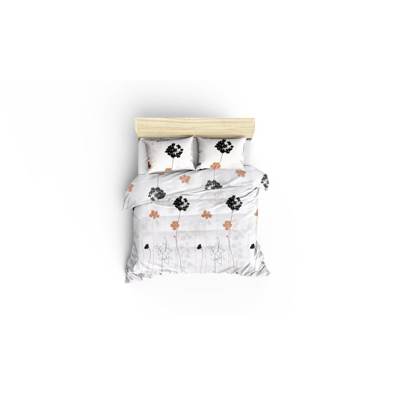 Ensemble de housse de couette très grand élégant (3 pièces), blanc et gris avec accents noirs et bruns | Housse de couette 65,5% coton / 35% polyester 94,5 po x 86,6 po | Lavable à la machine, 120 fils doux, fermeture à boutons et taies d'oreiller