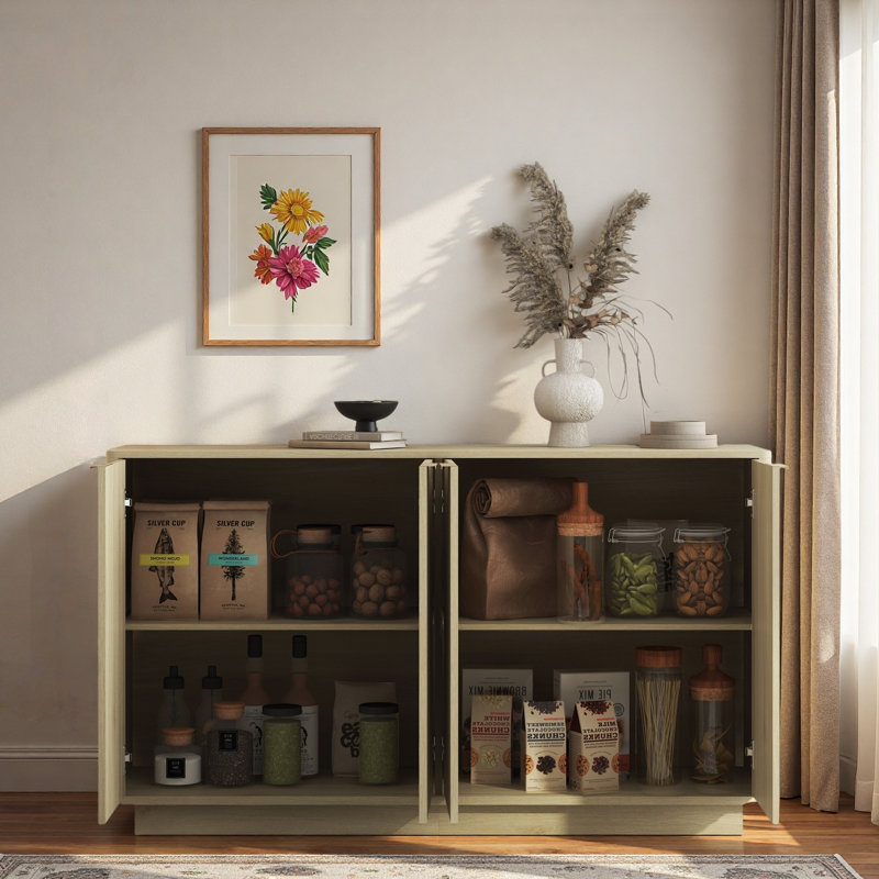 Modern Fluted Sideboard With Adjustable Shelves And Metal Handles, Natural