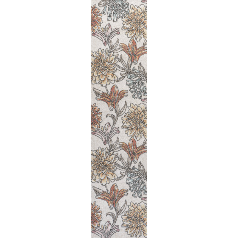 Jasire Modern Botanical Flower Orange/Blue/Cream Rug, Runner 2' x 8'