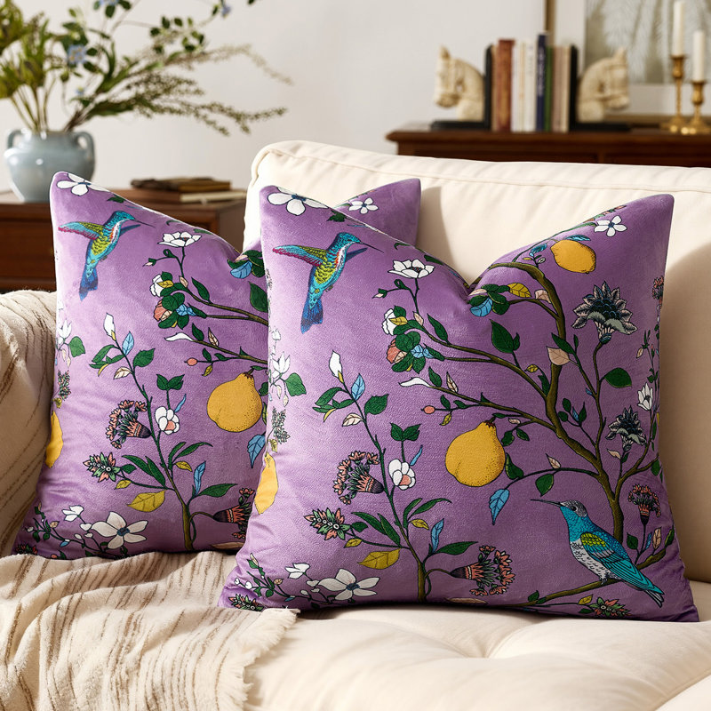 Velvet Floral Hummingbird Pillow Covers, Whimsical Home Decorative Sofa Bed Covers, Square 18", Purple