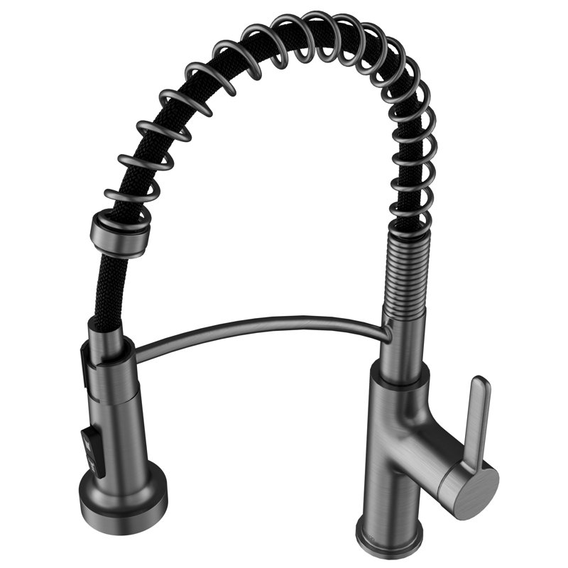 Karran Commercial Style Pull-Down Kitchen Faucet with Coil Spring, High-Arc, Multi-Function Spray in Spot-Free Gunmetal Grey