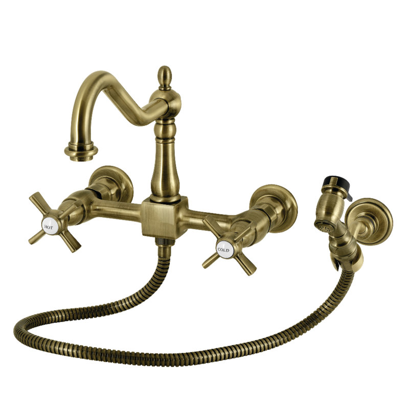 Kingston Brass Hamilton Double-Handle 3-Hole Wall-Mount Bridge Kitchen Faucet With Brass Sprayer, Antique Brass
