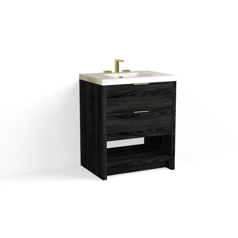 Vue 30" W Freestanding Single Bathroom Vanity, Ashlin, Glossy White/8" Widespread, Matte Black