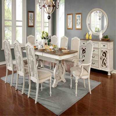 Ensemble de table de salle à manger blanc antique 9 pièces avec rallonges et 6 chaises d'appoint et 2 fauteuils en tissu ivoire