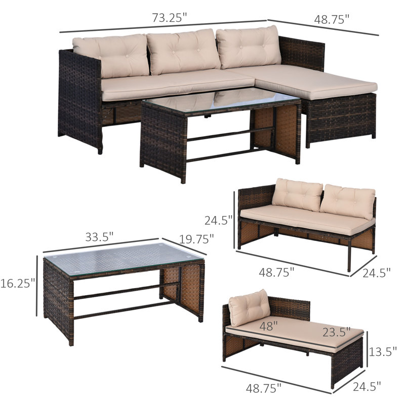 Ensemble de conversation avec canapé en rotin 3 pièces avec coussins Hudak, Beige / brun