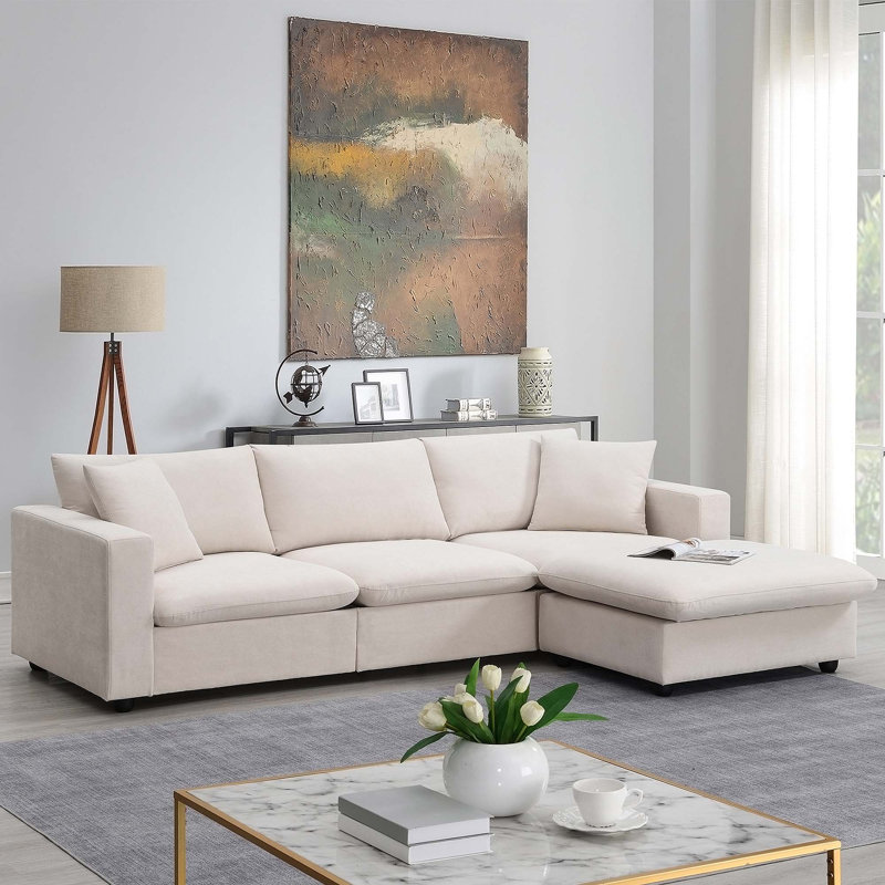 Comfortable Polyester Sectional Sofa with Movable Ottoman and Sturdy Frame, Beige