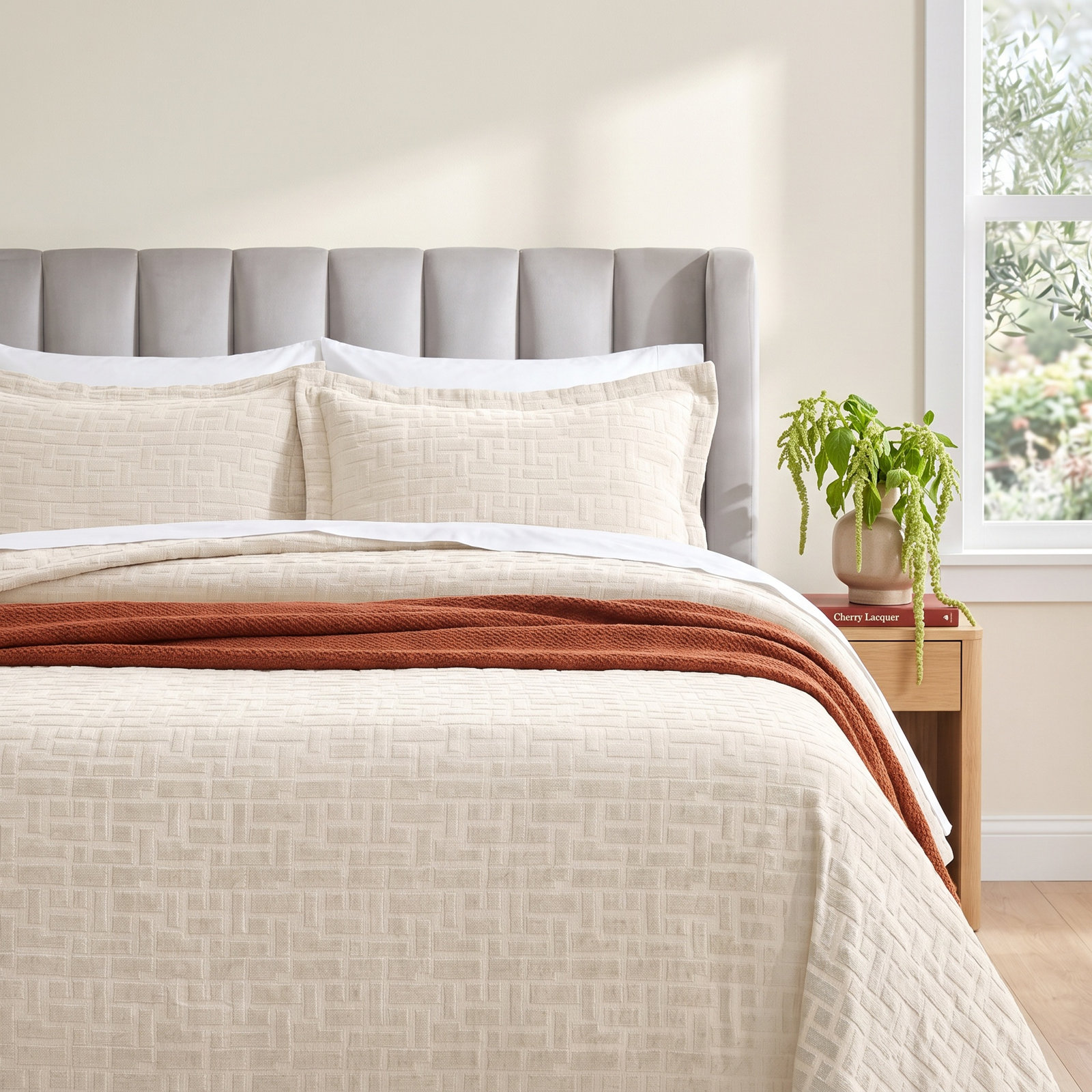 Geometric Matelasse Bedspread Set, California King Bedspread + 2 King Shams, Ivory