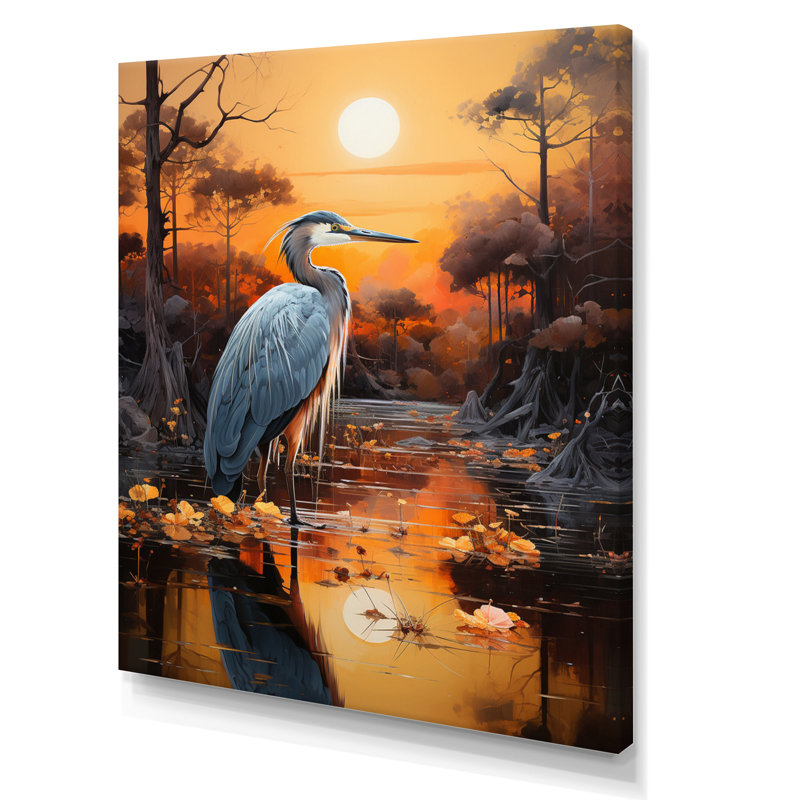 Bedourie Heron Silent Waters Pointillism II sur toile, H 40 po x l 30 po x P 1,5 po, Toile tendue