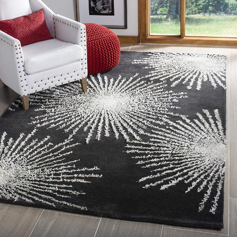 Tapis abstrait gris anthracite / ivoire en laine touffeté à la main 3 pi 6 po x 5 pi 6 po Abstract