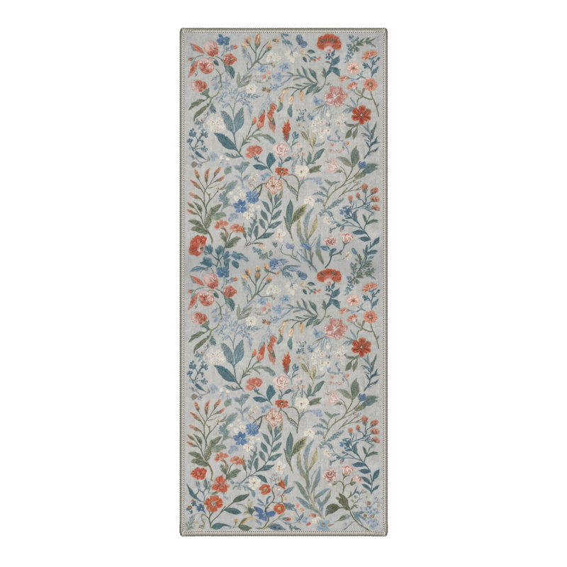 Eden Floral Machine Washable Floral / Blush Pink Indoor Runner Rug With Non-Slip Backing, Runner 2'6" x 8', Gray/Blue