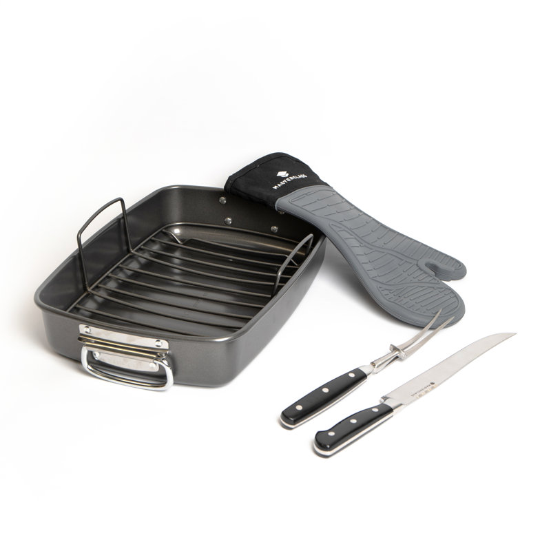 4pc Roasting Set, Roasting Tin & Rack, Carving Fork & Carving Knife, Silicone Single Oven Glove