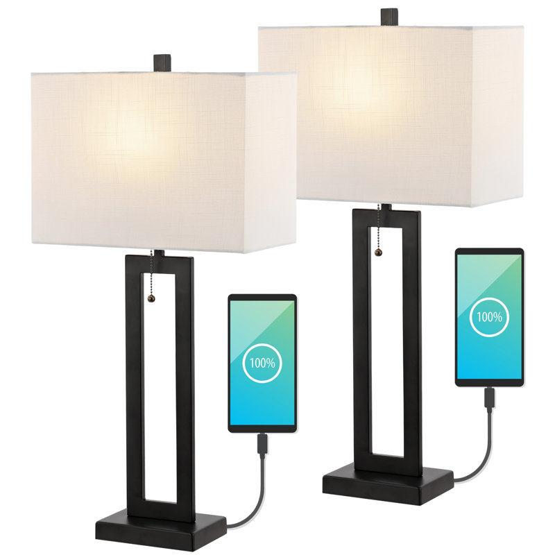Arthuree Table Lamp Set 28.5" Brass Gold Table Lamp Set with USB, Black