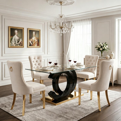 Ensemble de table de salle à manger de 63 po en verre pour 4 personnes, ensemble de table de salle à manger moderne pour 4 personnes, ensemble de table de salle à manger or noir, ensemble de table de salle à manger pour 4, pour cuisine, salle à manger.