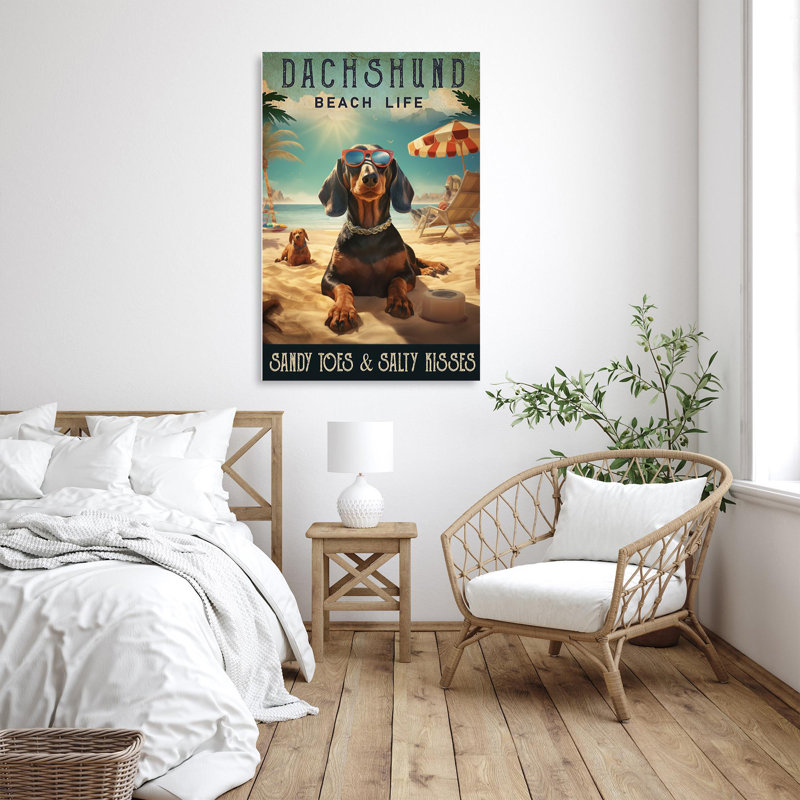 Dachshund Beach Life - 1 pièce, reproduction d'art graphique sur toile tendue, L 16 po x H 20 po