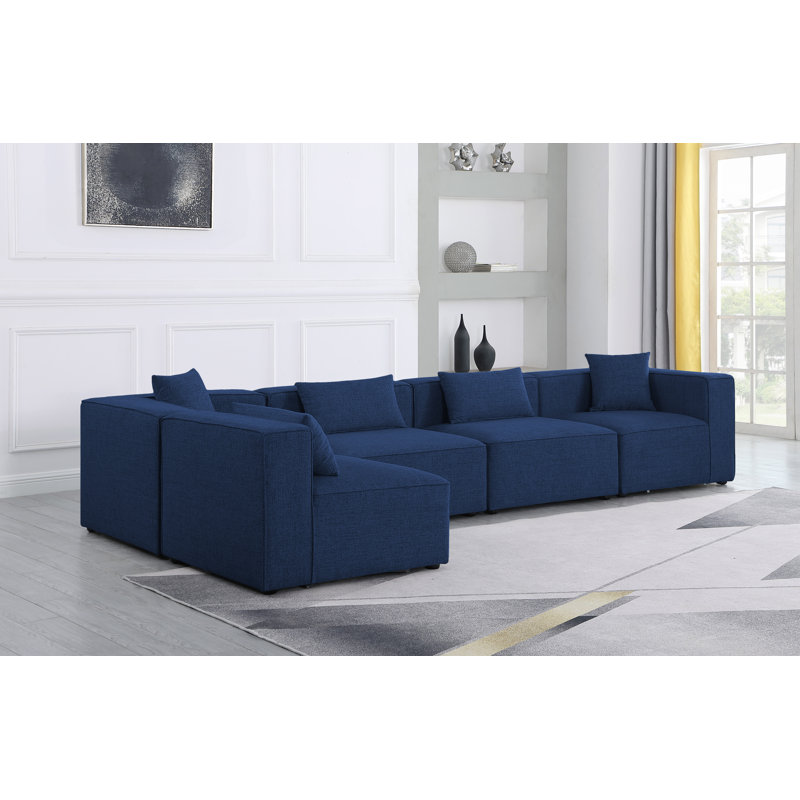 Cube Upholstered L-Shaped Sectional Reversible, Navy Linen Textured Fabric