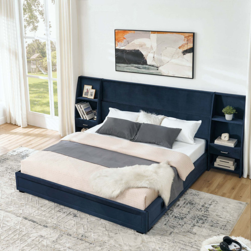 Base de lit plateforme avec rangement moderne, tête de lit en velours brillant avec bibliothèques latérales et tiroir, matelas non inclus