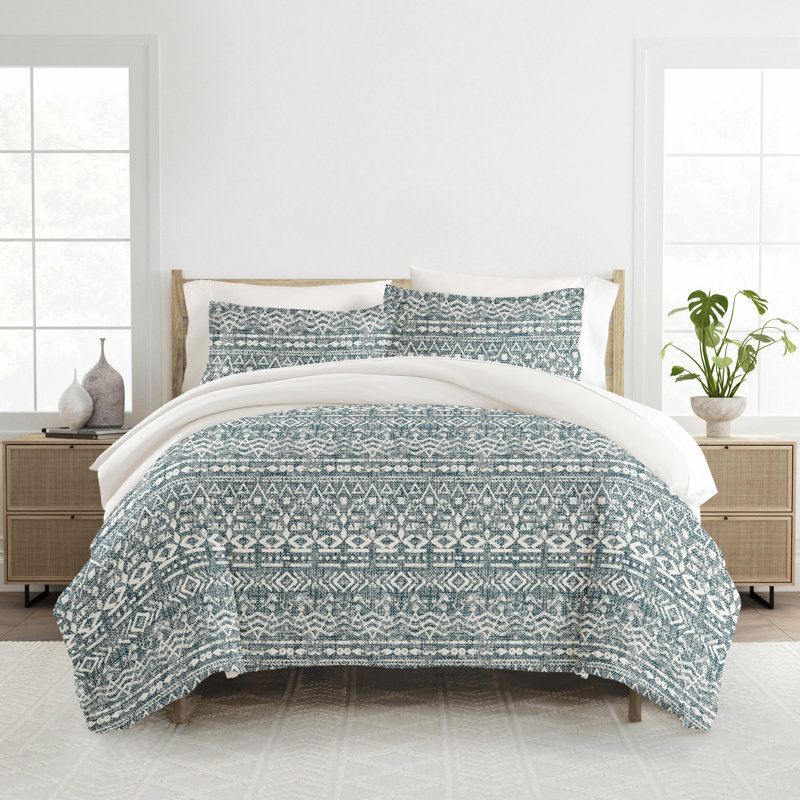 Super Soft Microfiber Duvet Cover Set, Blue/White Geometric Shapes, King Duver Cover + 2 Shams